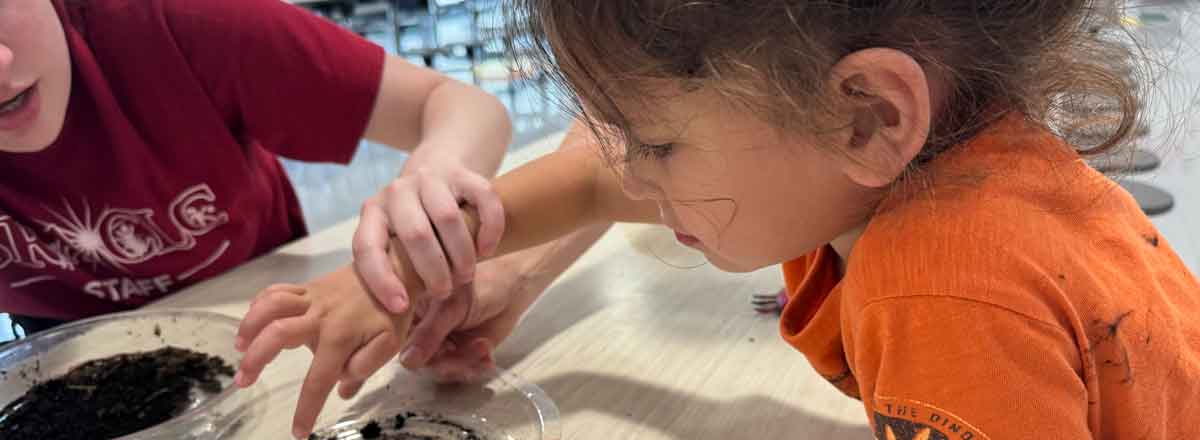 a young special needs girl concentrating while placing her hand in the dirt as she works on her planting project with her SRACLCL staff member.